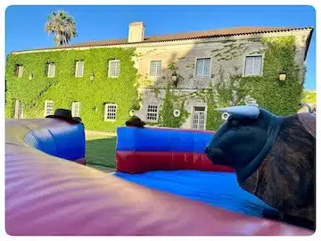 Touro mecânico instalado no Insuflavel com uma bonita casa ao fundo